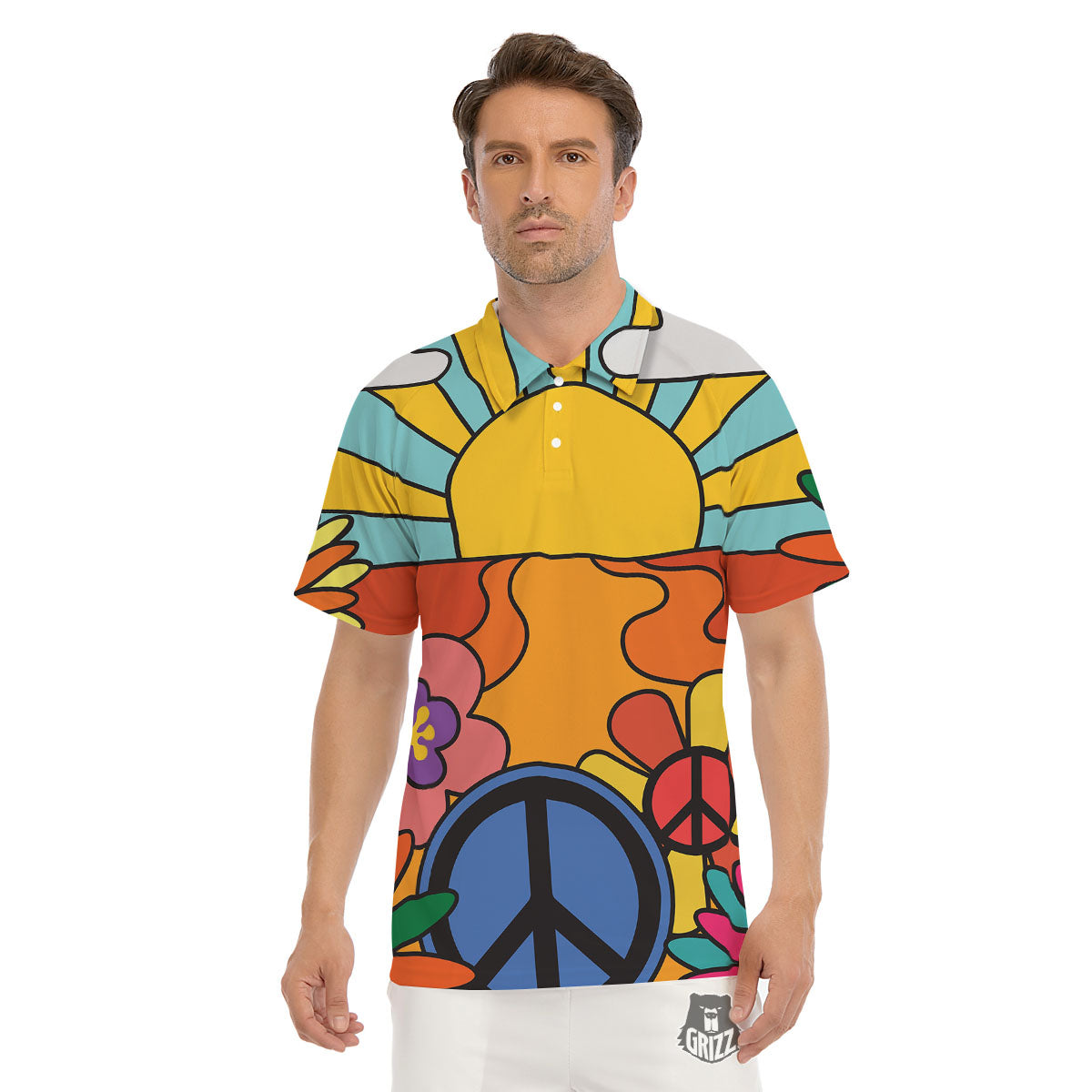 Peace Sign Hippie Flower Print Men's Golf Shirts-grizzshop