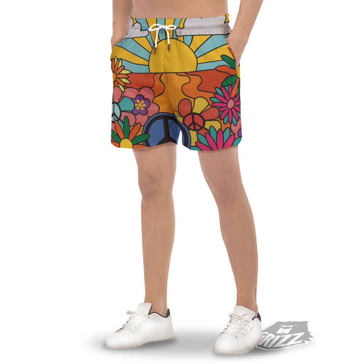 Peace Sign Hippie Flower Print Men's Gym Shorts-grizzshop