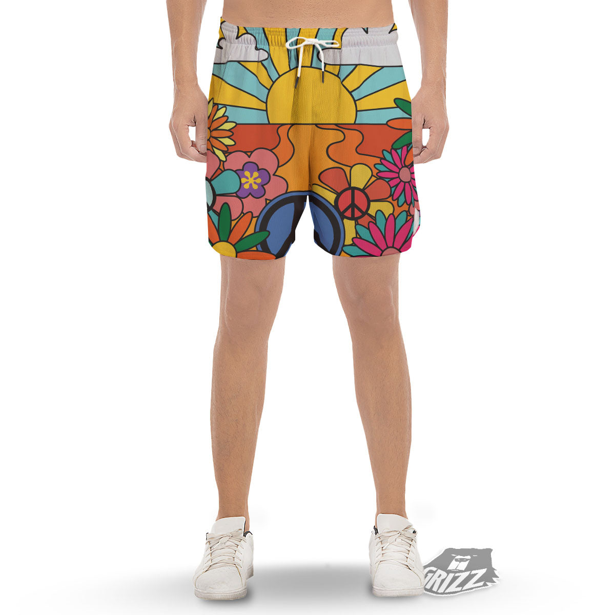 Peace Sign Hippie Flower Print Men's Gym Shorts-grizzshop