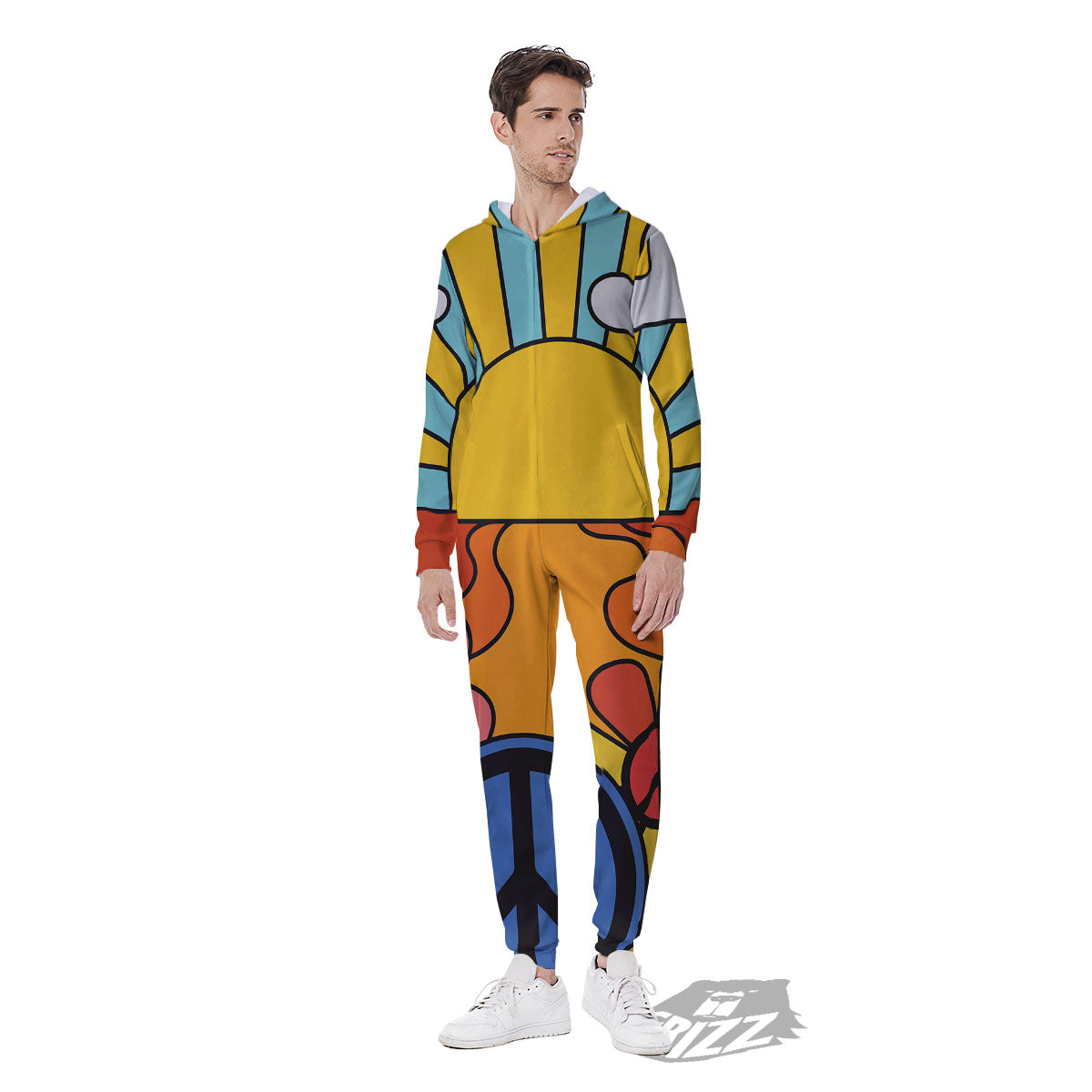 Peace Sign Hippie Flower Print Men's Jumpsuit-grizzshop