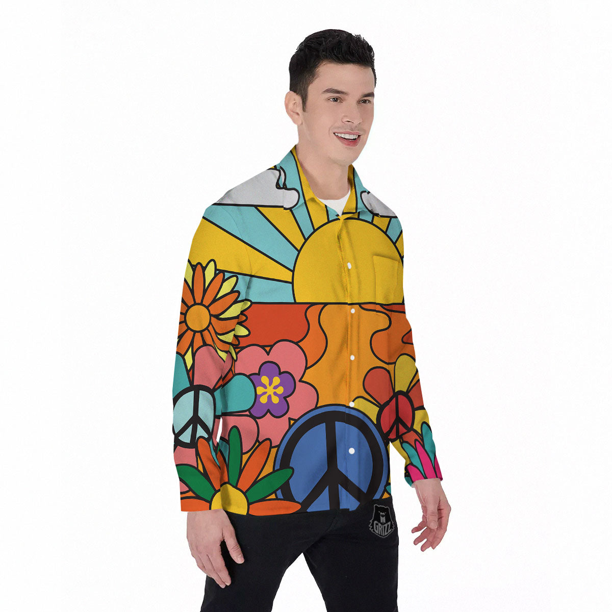 Peace Sign Hippie Flower Print Men's Long Sleeve Shirts-grizzshop