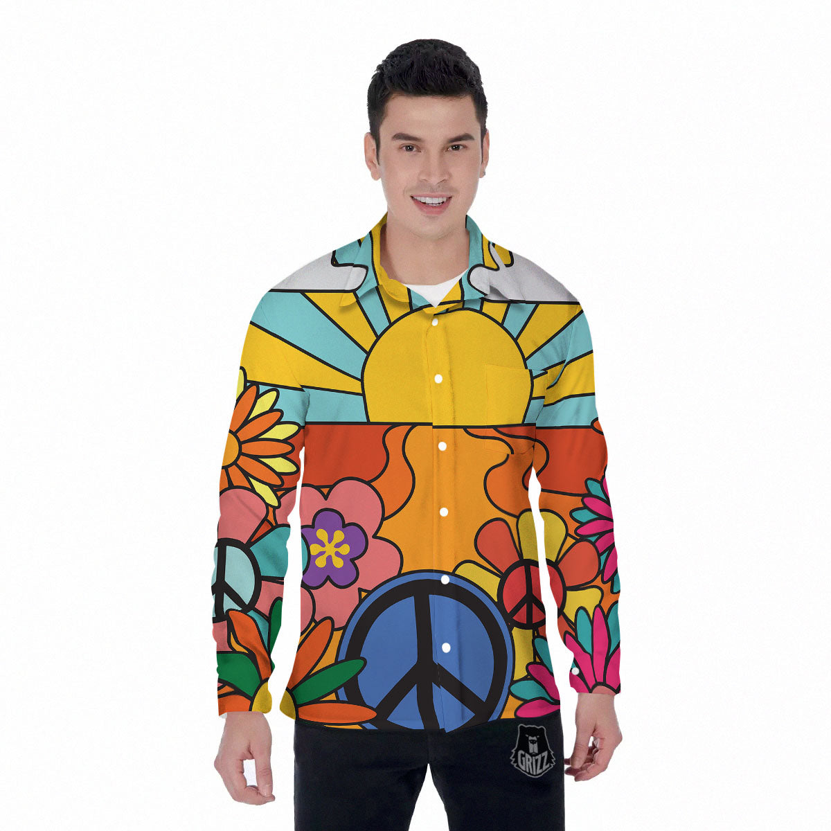 Peace Sign Hippie Flower Print Men's Long Sleeve Shirts-grizzshop