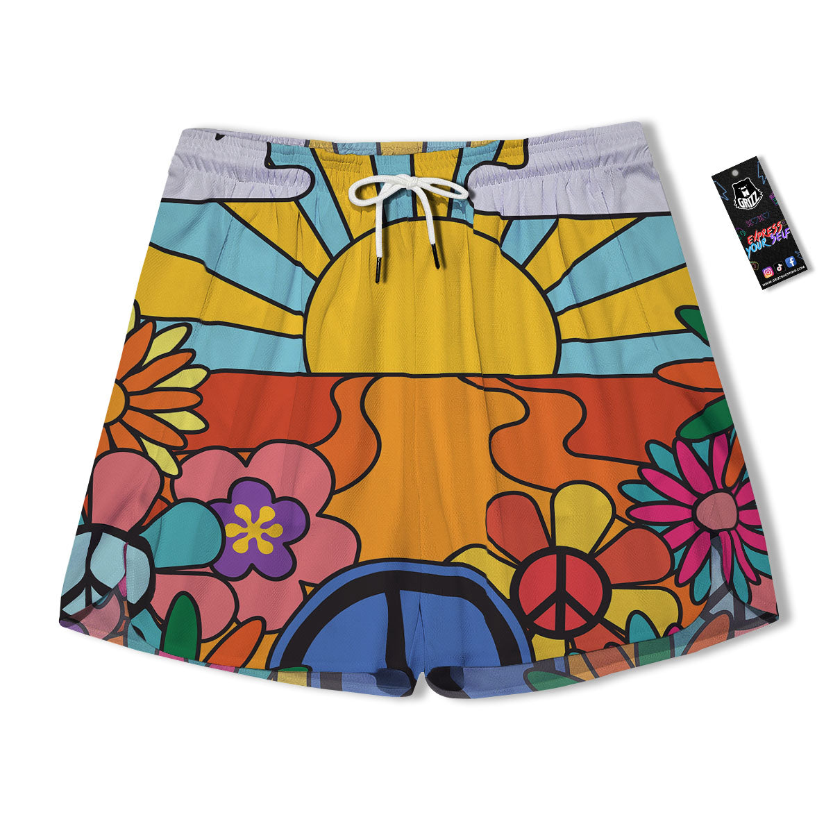Peace Sign Hippie Flower Print Men's Running Shorts-grizzshop