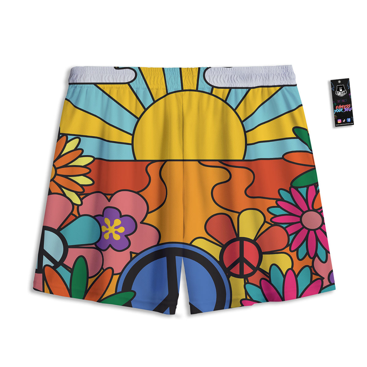 Peace Sign Hippie Flower Print Mesh Shorts