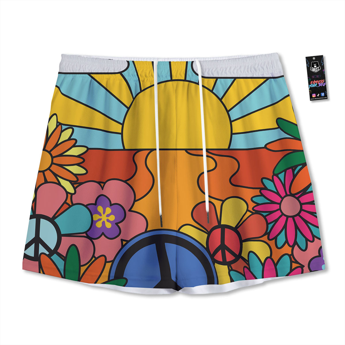 Peace Sign Hippie Flower Print Mesh Shorts
