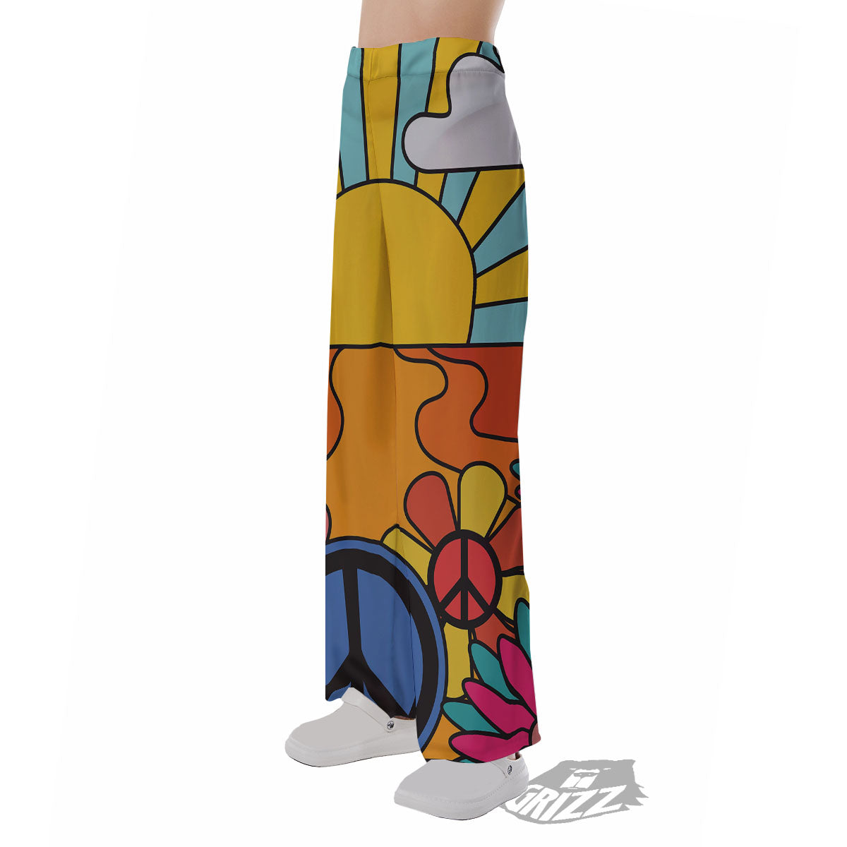 Peace Sign Hippie Flower Print Pajama Pants-grizzshop