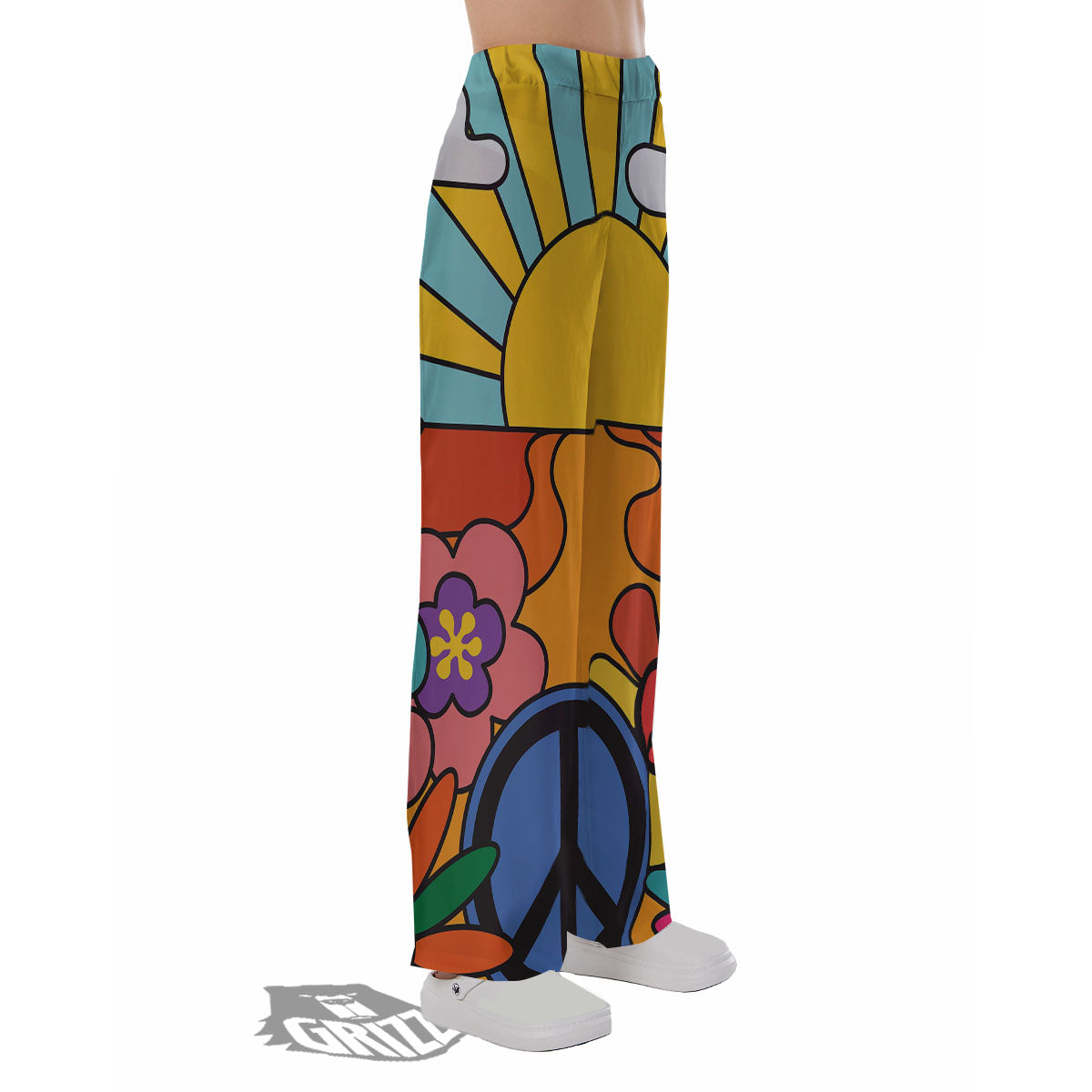 Peace Sign Hippie Flower Print Pajama Pants-grizzshop