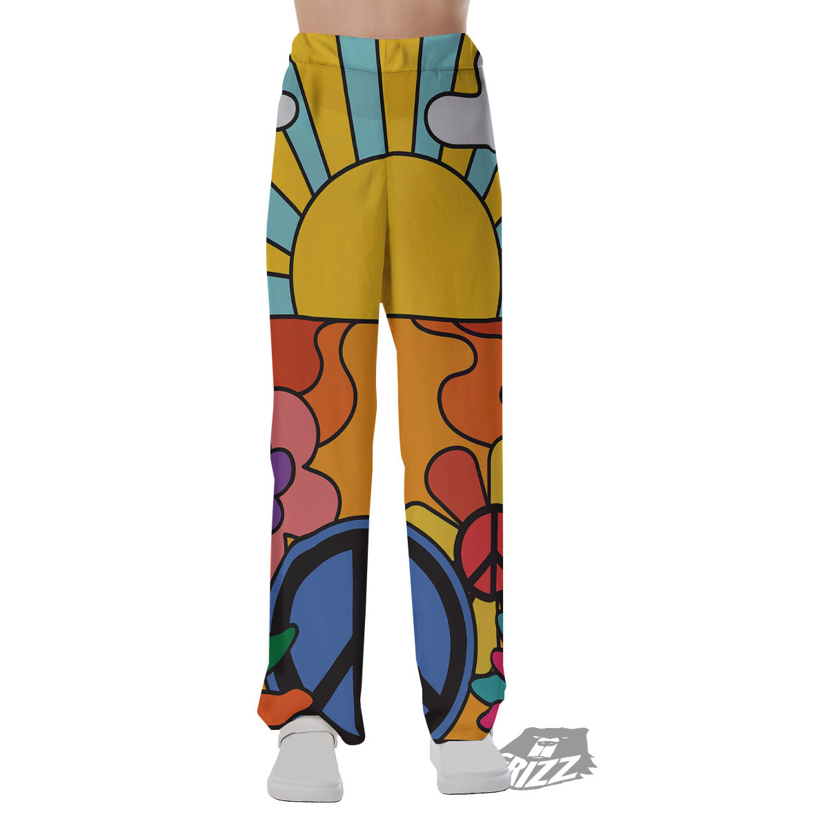 Peace Sign Hippie Flower Print Pajama Pants-grizzshop