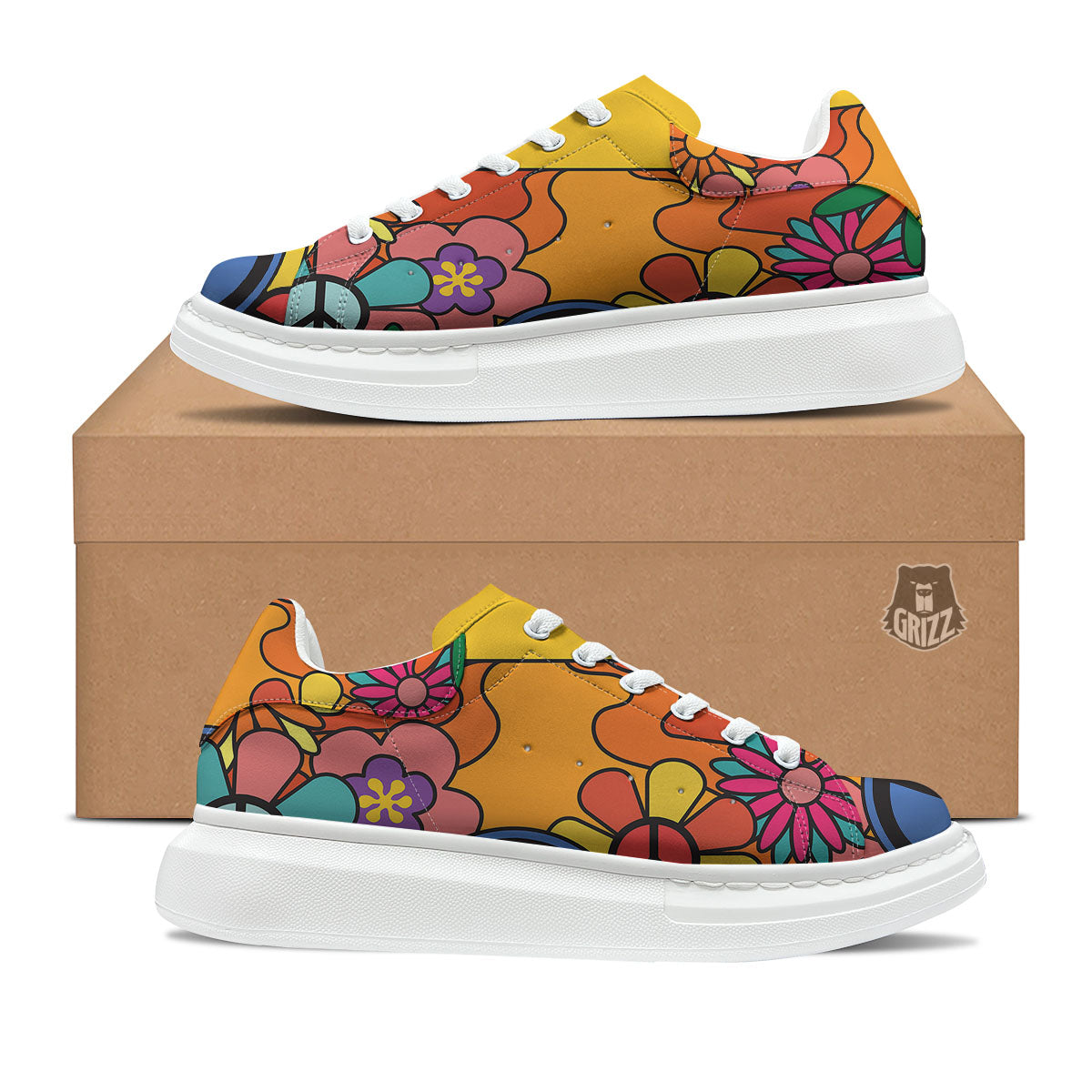 Peace Sign Hippie Flower Print Platform Shoes-grizzshop