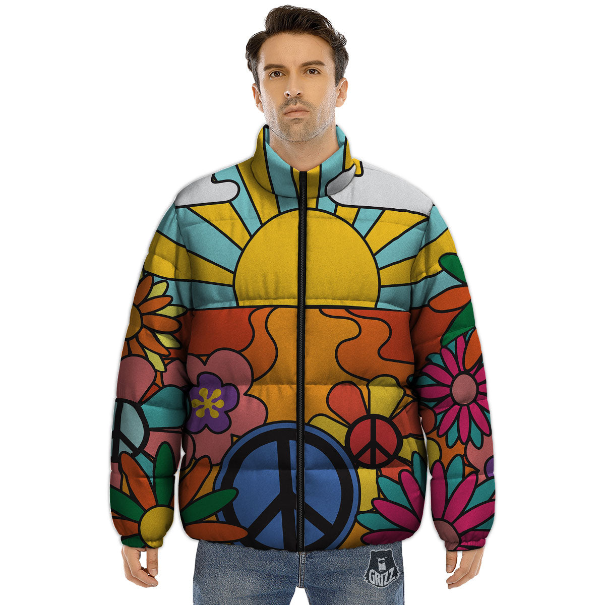 Peace Sign Hippie Flower Print Puffer Jacket-grizzshop