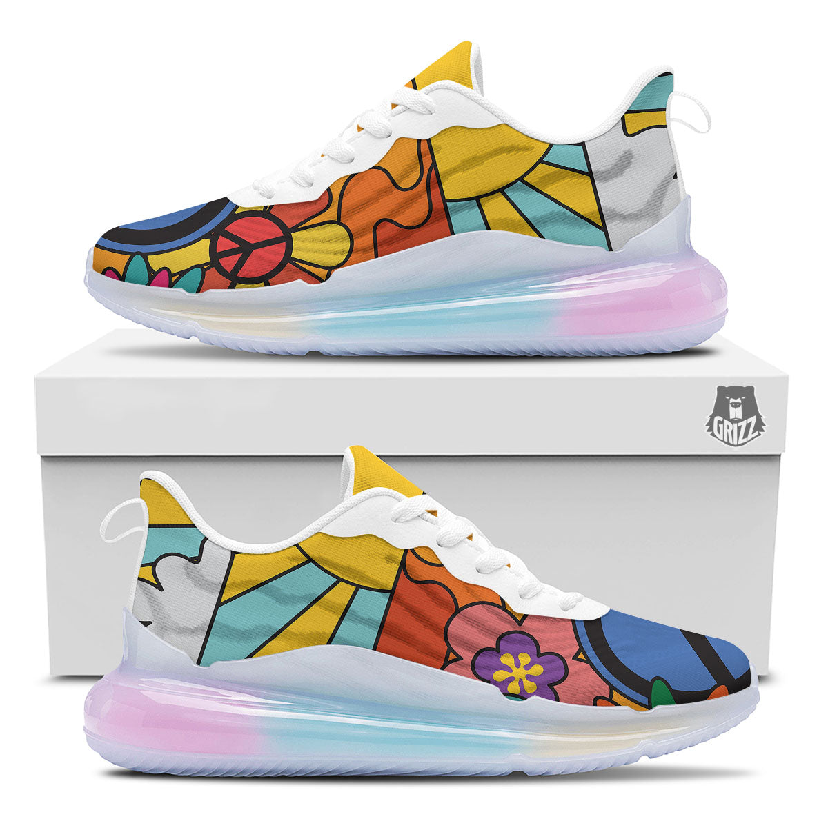 Peace Sign Hippie Flower Print Running Sneakers-grizzshop