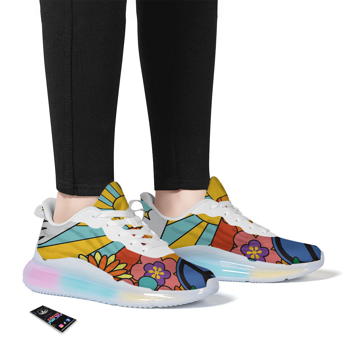 Peace Sign Hippie Flower Print Running Sneakers-grizzshop