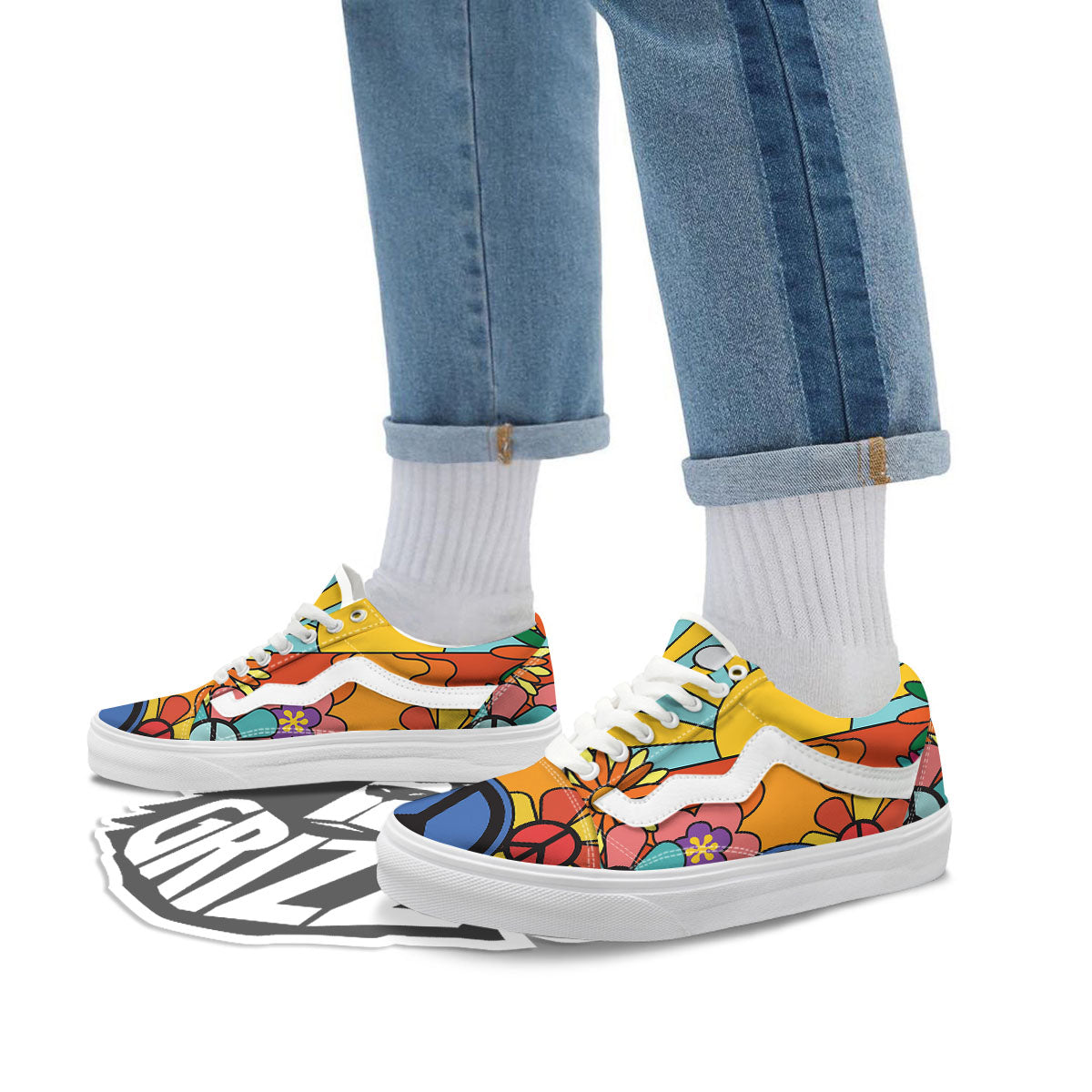 Peace Sign Hippie Flower Print Skate Shoes-grizzshop