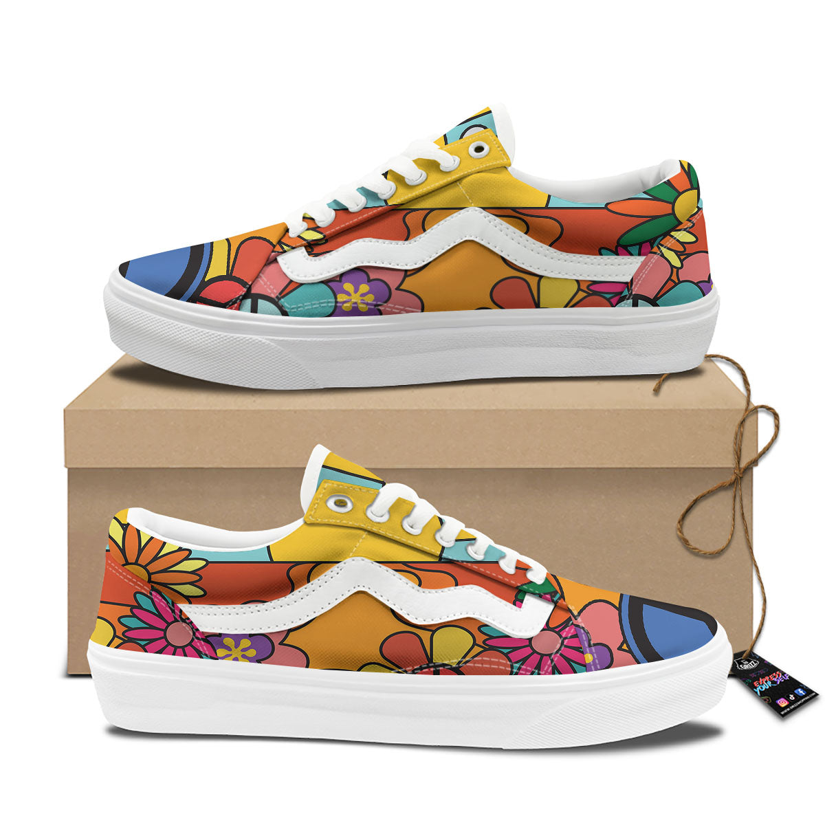 Peace Sign Hippie Flower Print Skate Shoes-grizzshop