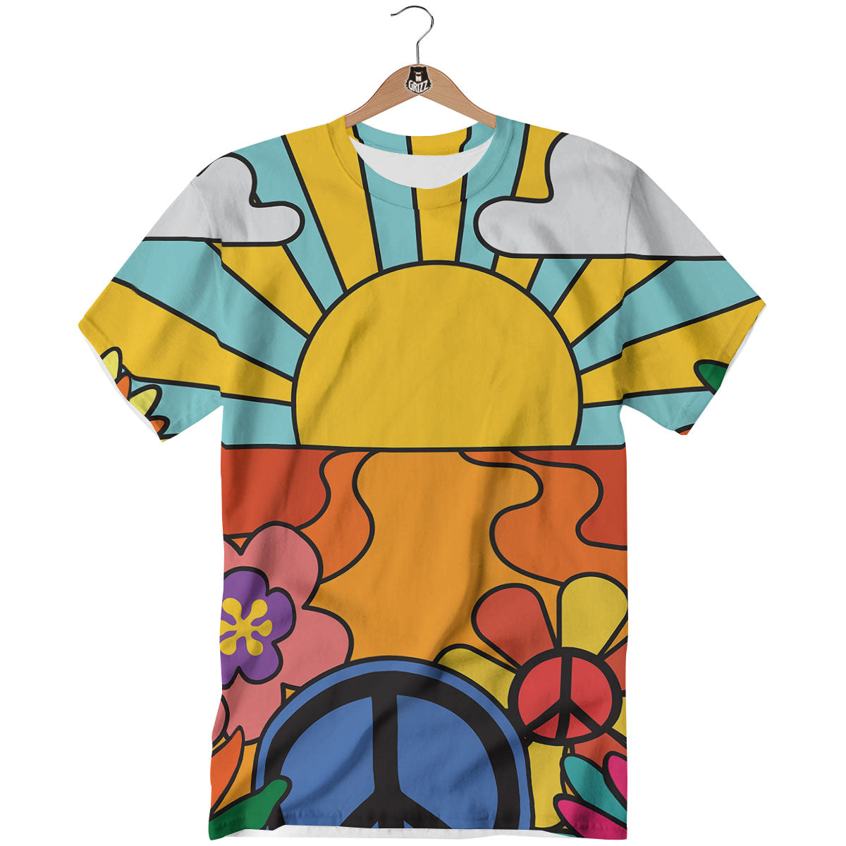 Peace Sign Hippie Flower Print T-Shirt-grizzshop