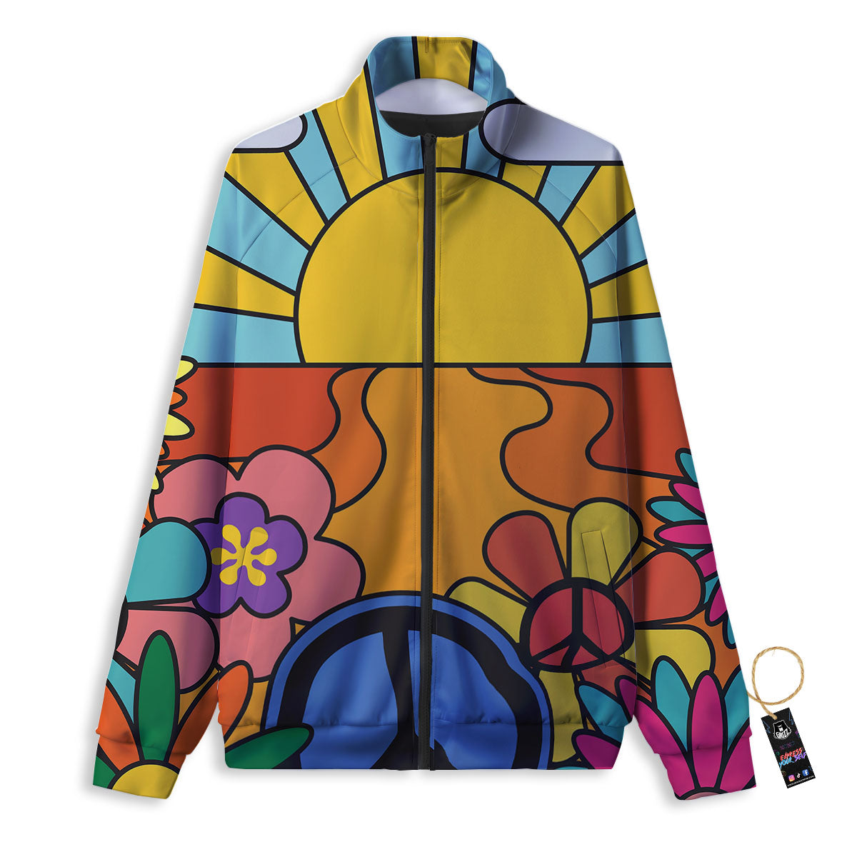 Peace Sign Hippie Flower Print Track Jacket-grizzshop