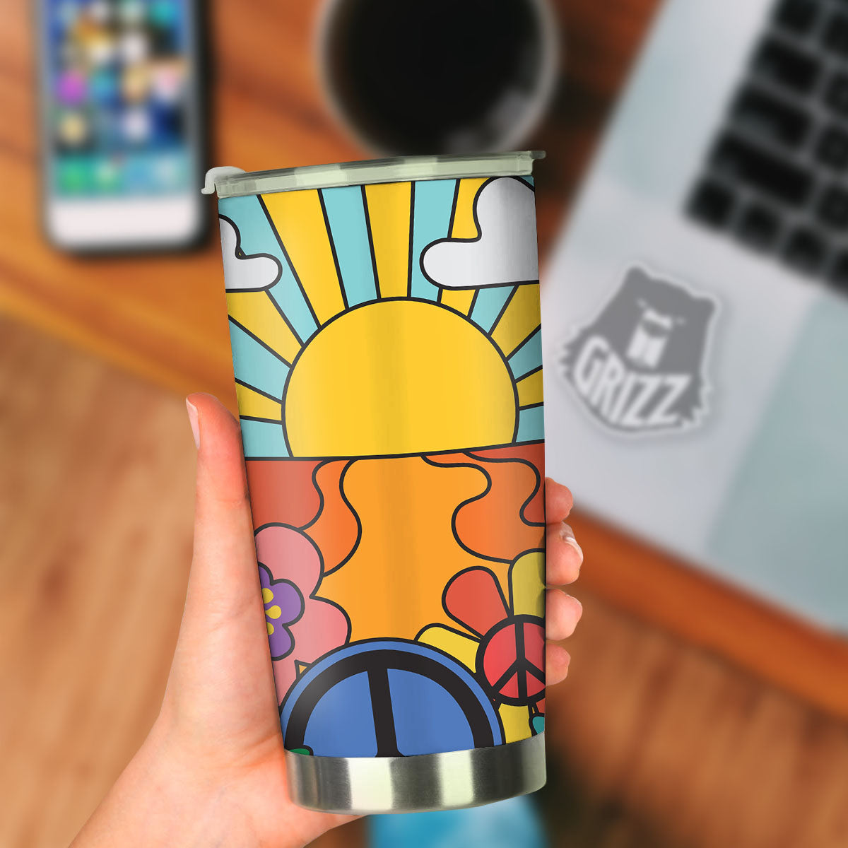 Peace Sign Hippie Flower Print Tumbler-grizzshop