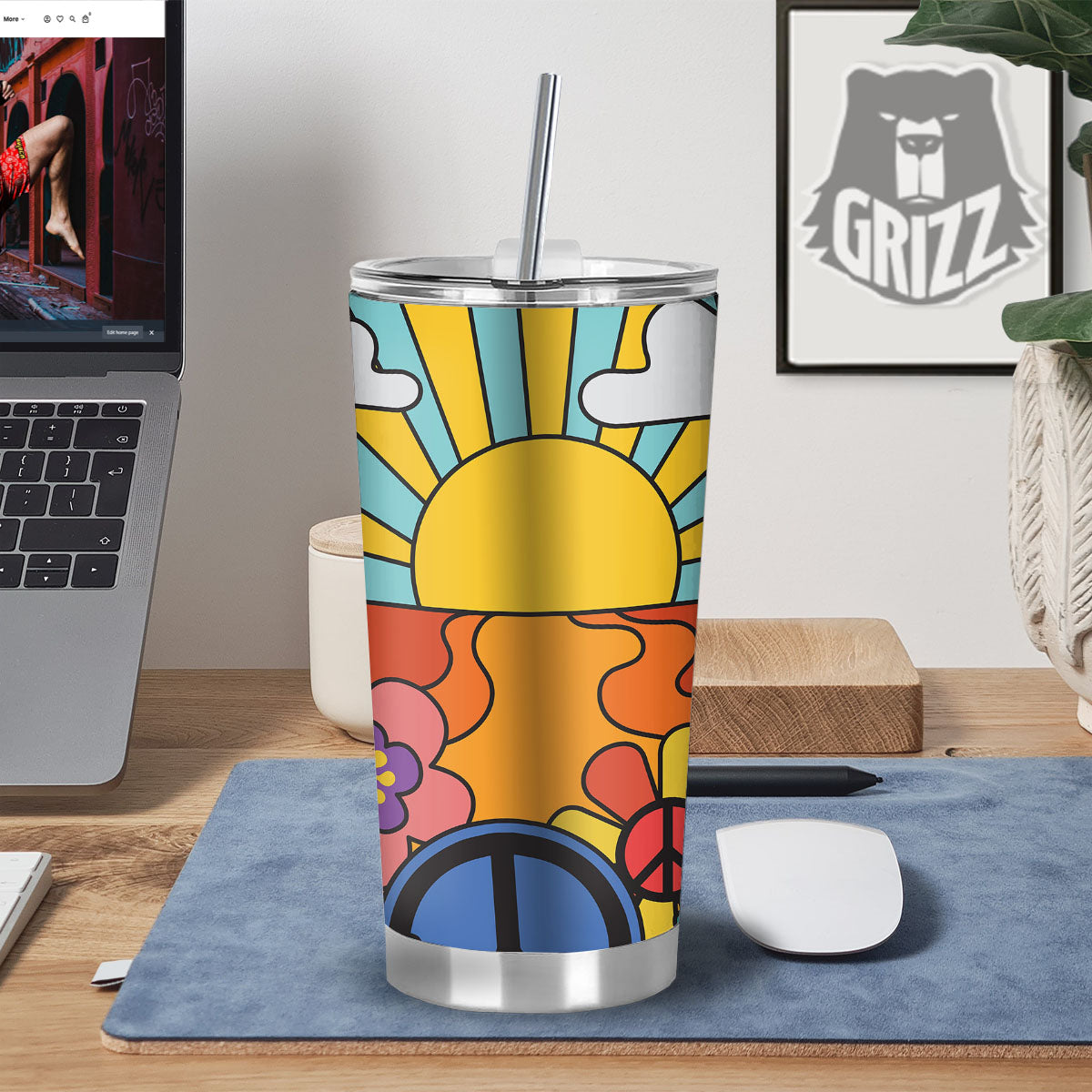 Peace Sign Hippie Flower Print Tumbler-grizzshop