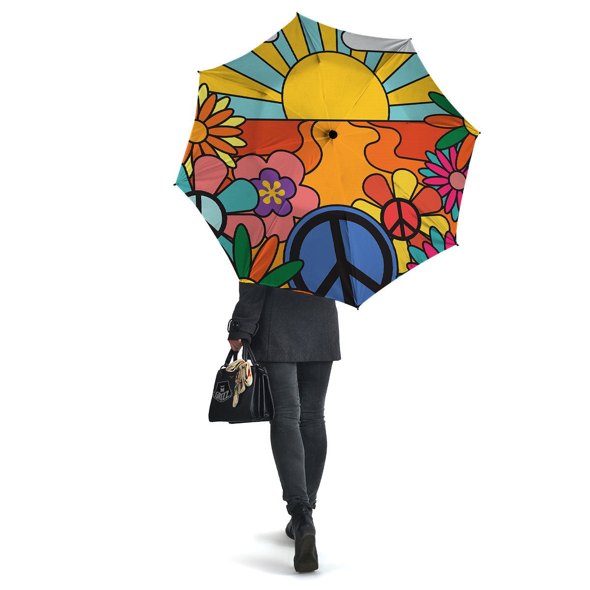 Peace Sign Hippie Flower Print Umbrella-grizzshop