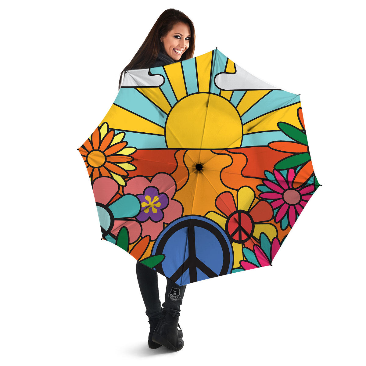 Peace Sign Hippie Flower Print Umbrella-grizzshop