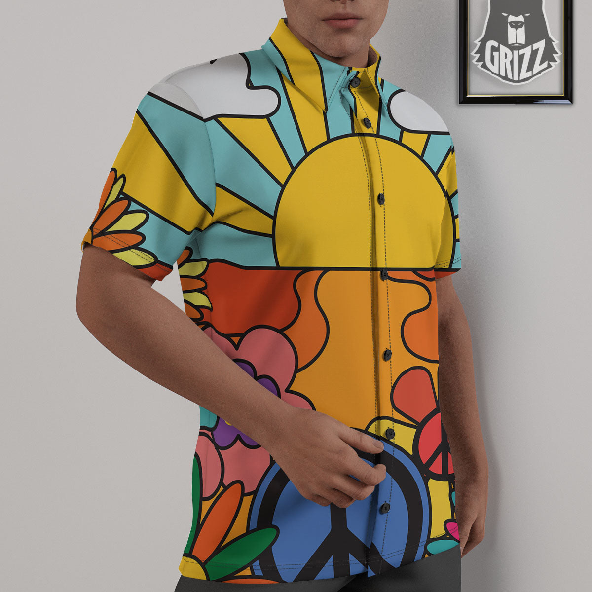 Peace Sign Hippie Flower Print Untucked Shirts-grizzshop