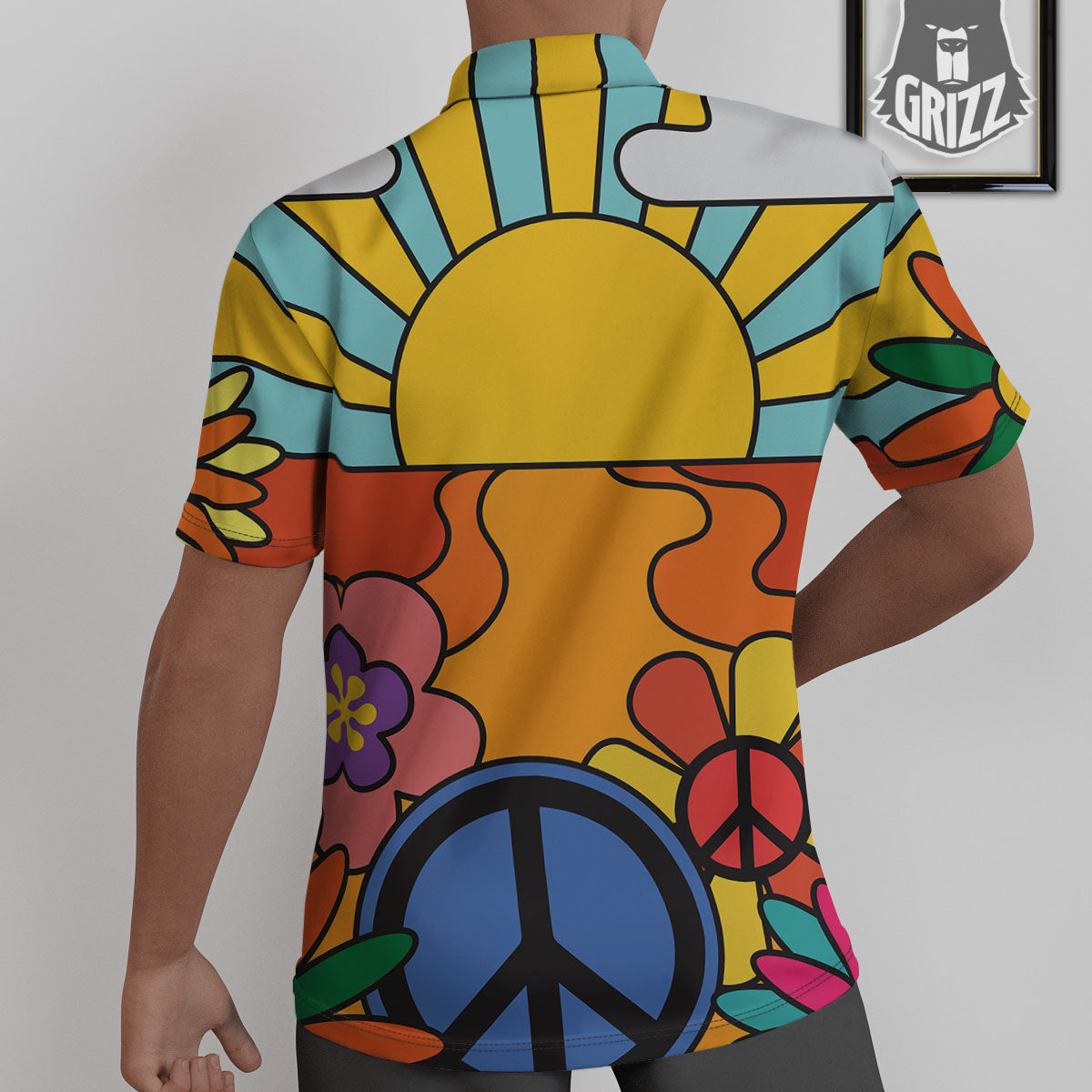 Peace Sign Hippie Flower Print Untucked Shirts-grizzshop