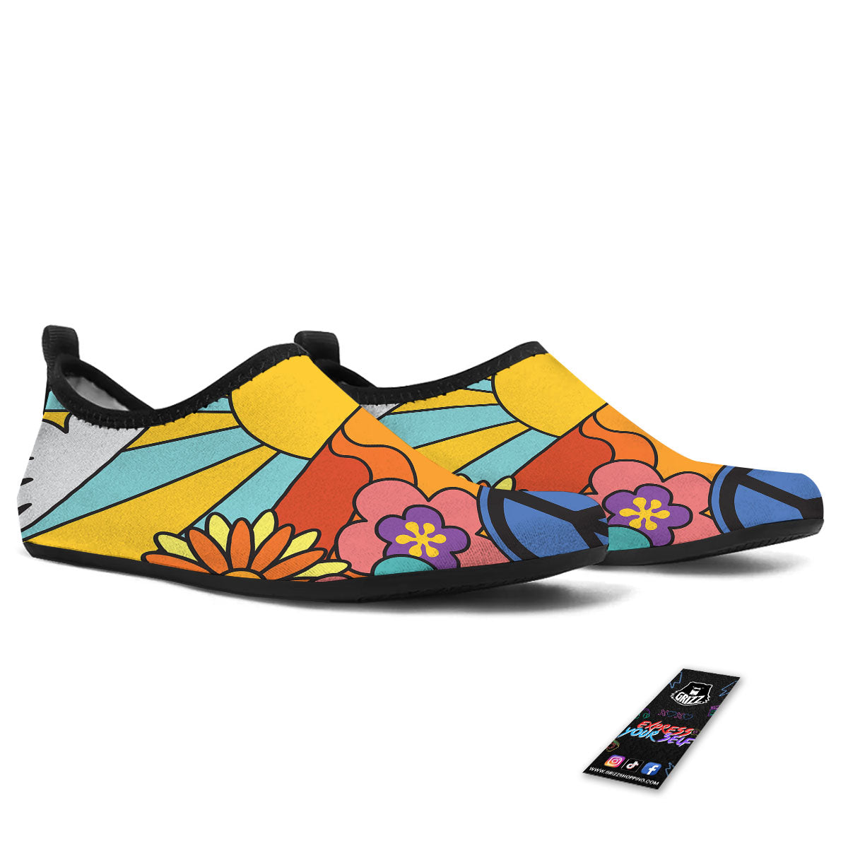 Peace Sign Hippie Flower Print Water Shoes-grizzshop