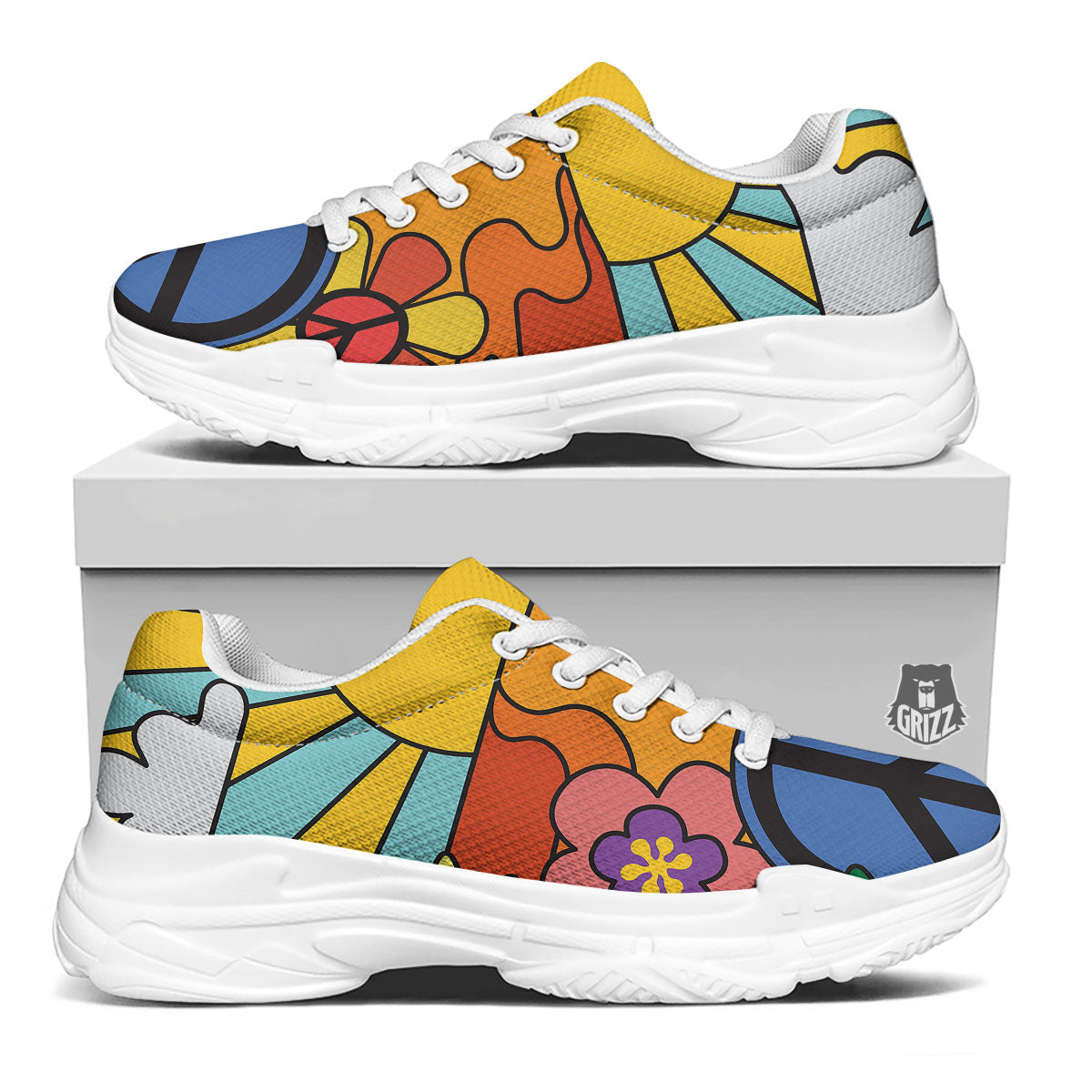 Peace Sign Hippie Flower Print White Chunky Shoes-grizzshop