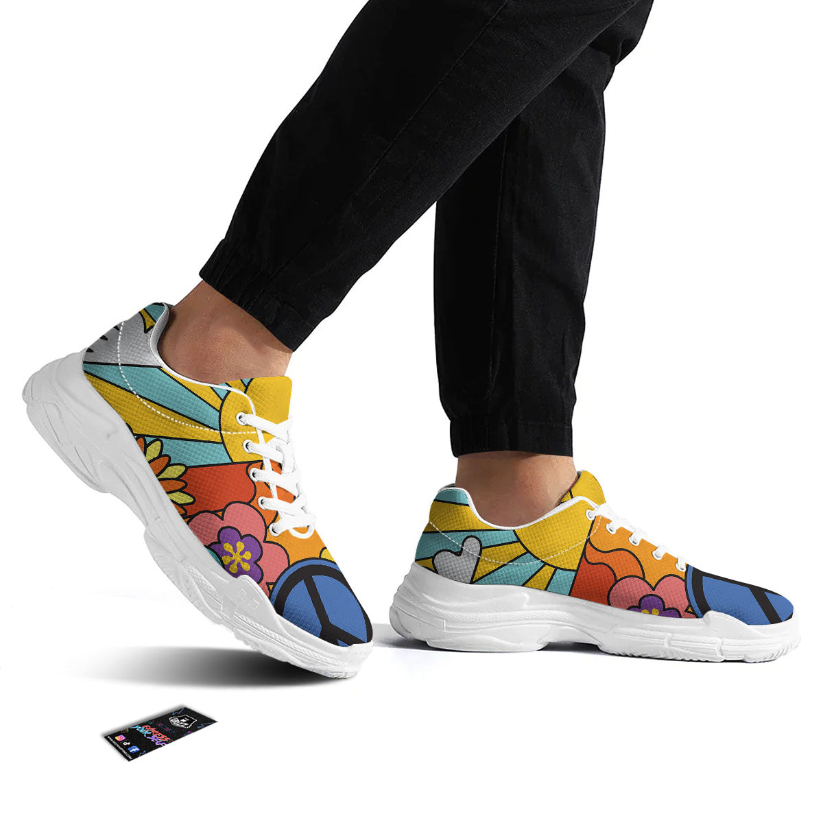 Peace Sign Hippie Flower Print White Chunky Shoes-grizzshop