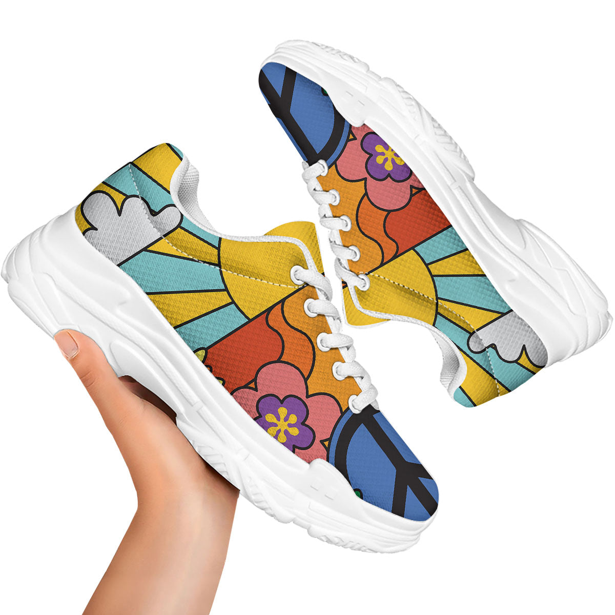 Peace Sign Hippie Flower Print White Chunky Shoes-grizzshop