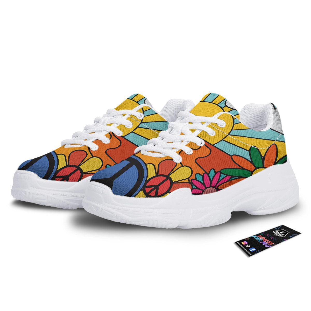 Peace Sign Hippie Flower Print White Chunky Shoes-grizzshop