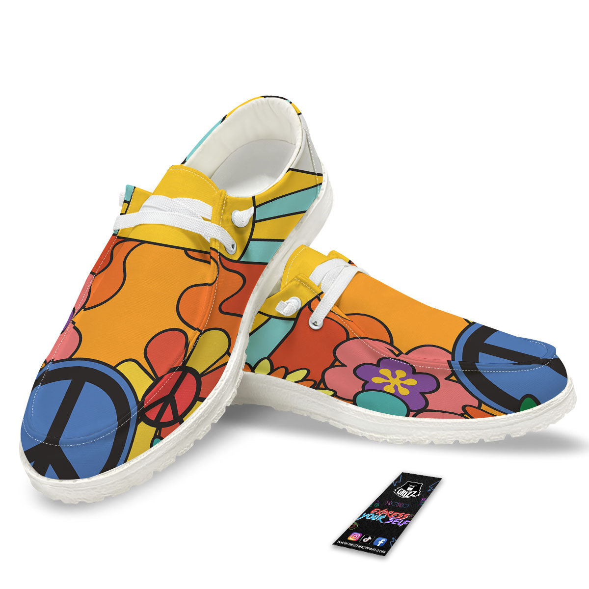 Peace Sign Hippie Flower Print White Loafers-grizzshop