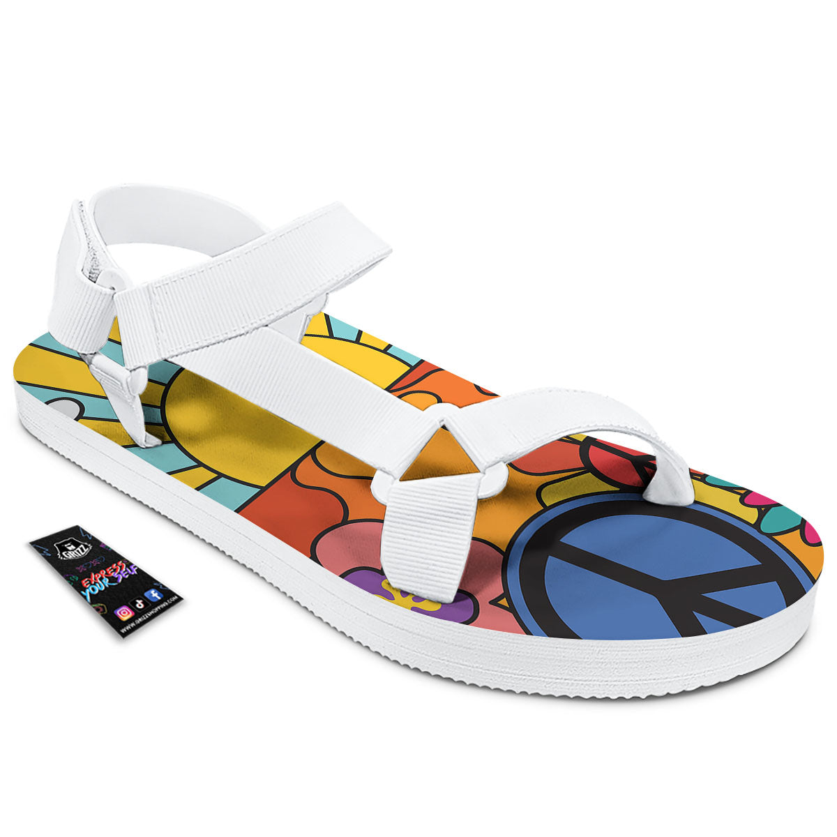 Peace Sign Hippie Flower Print White Open Toe Sandals-grizzshop
