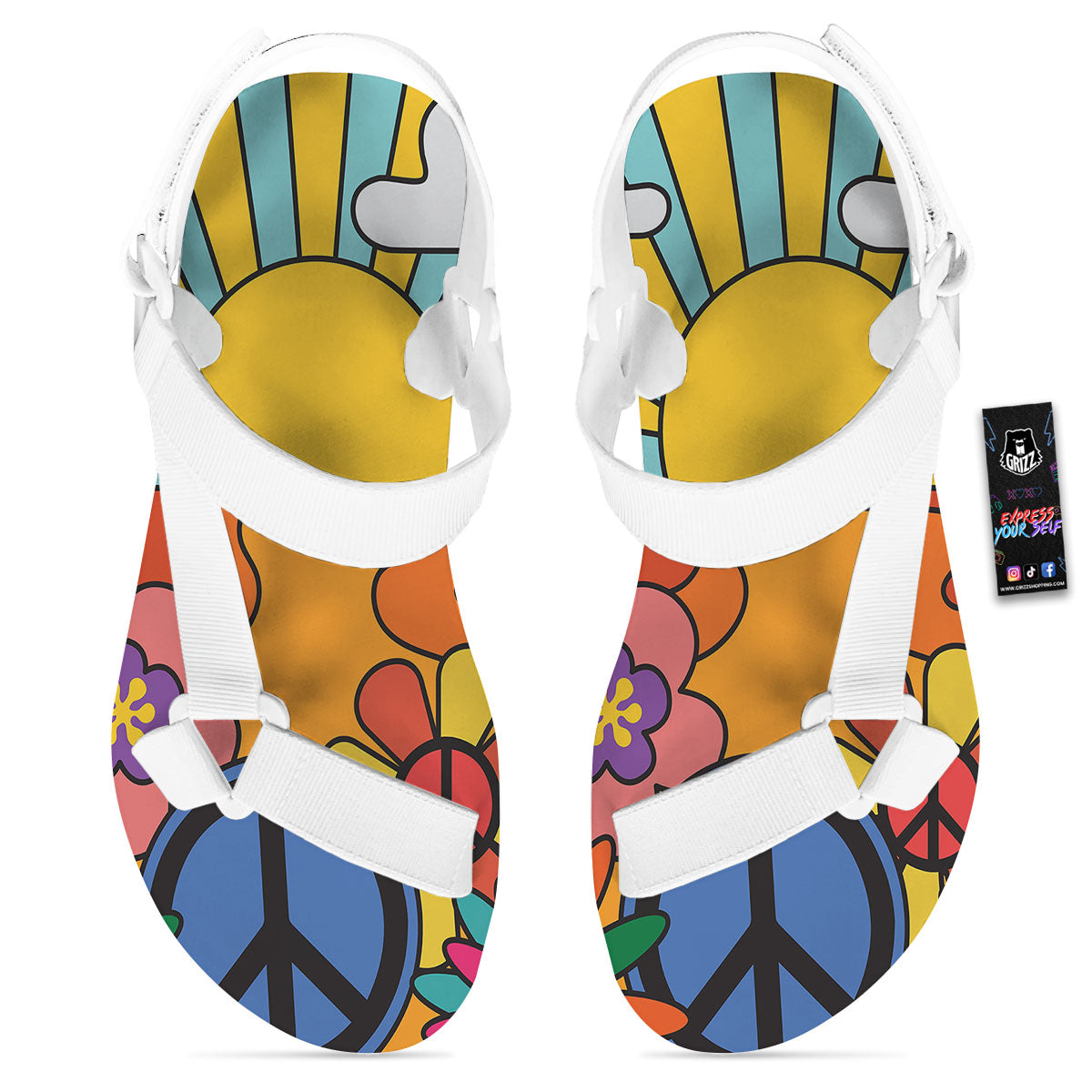 Peace Sign Hippie Flower Print White Open Toe Sandals-grizzshop