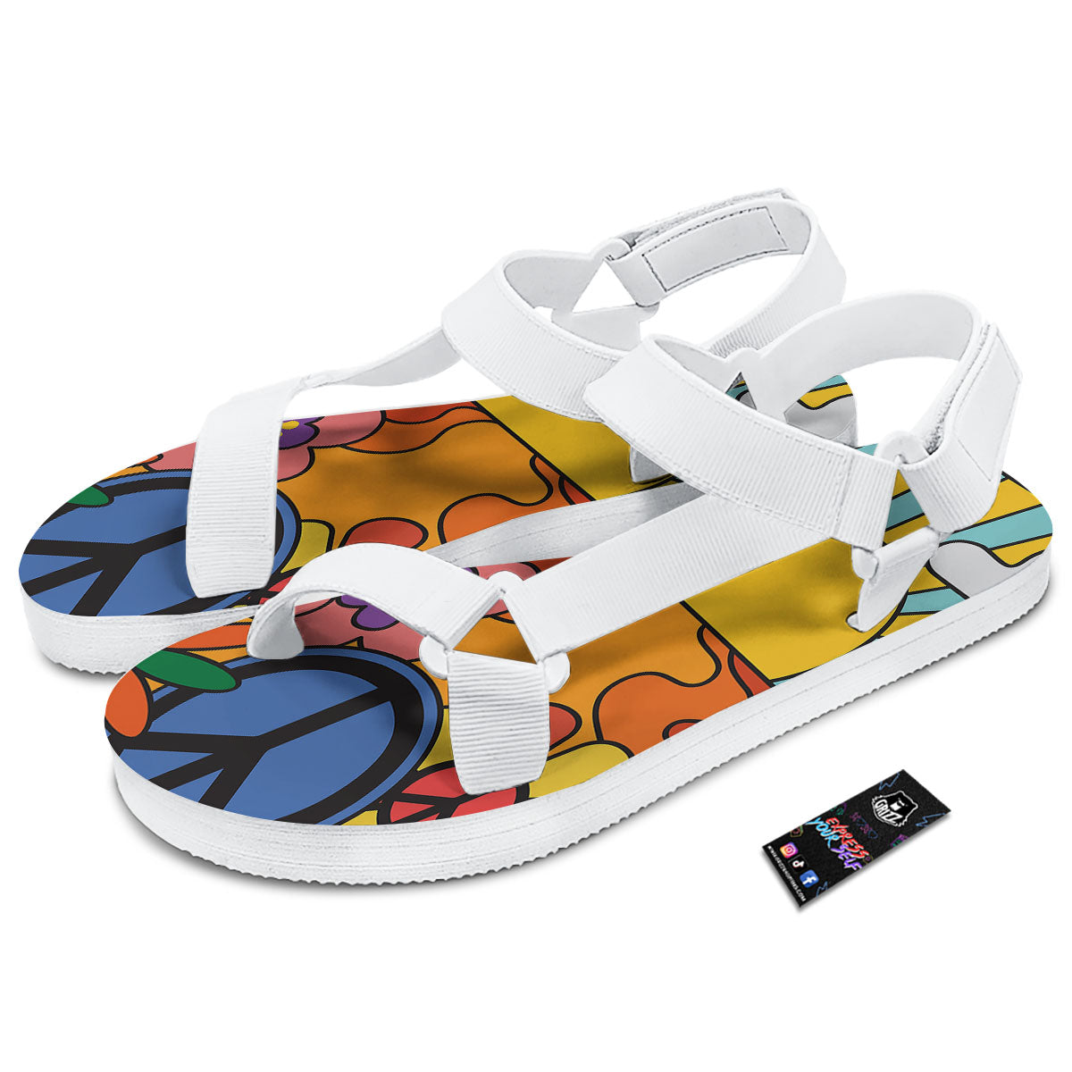 Peace Sign Hippie Flower Print White Open Toe Sandals-grizzshop