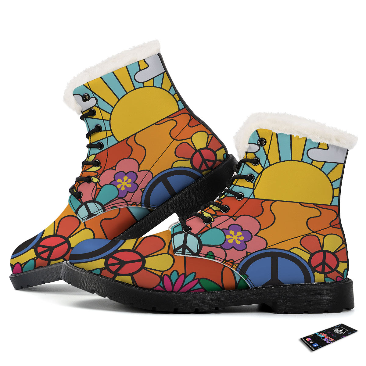 Peace Sign Hippie Flower Print Winter Boots-grizzshop