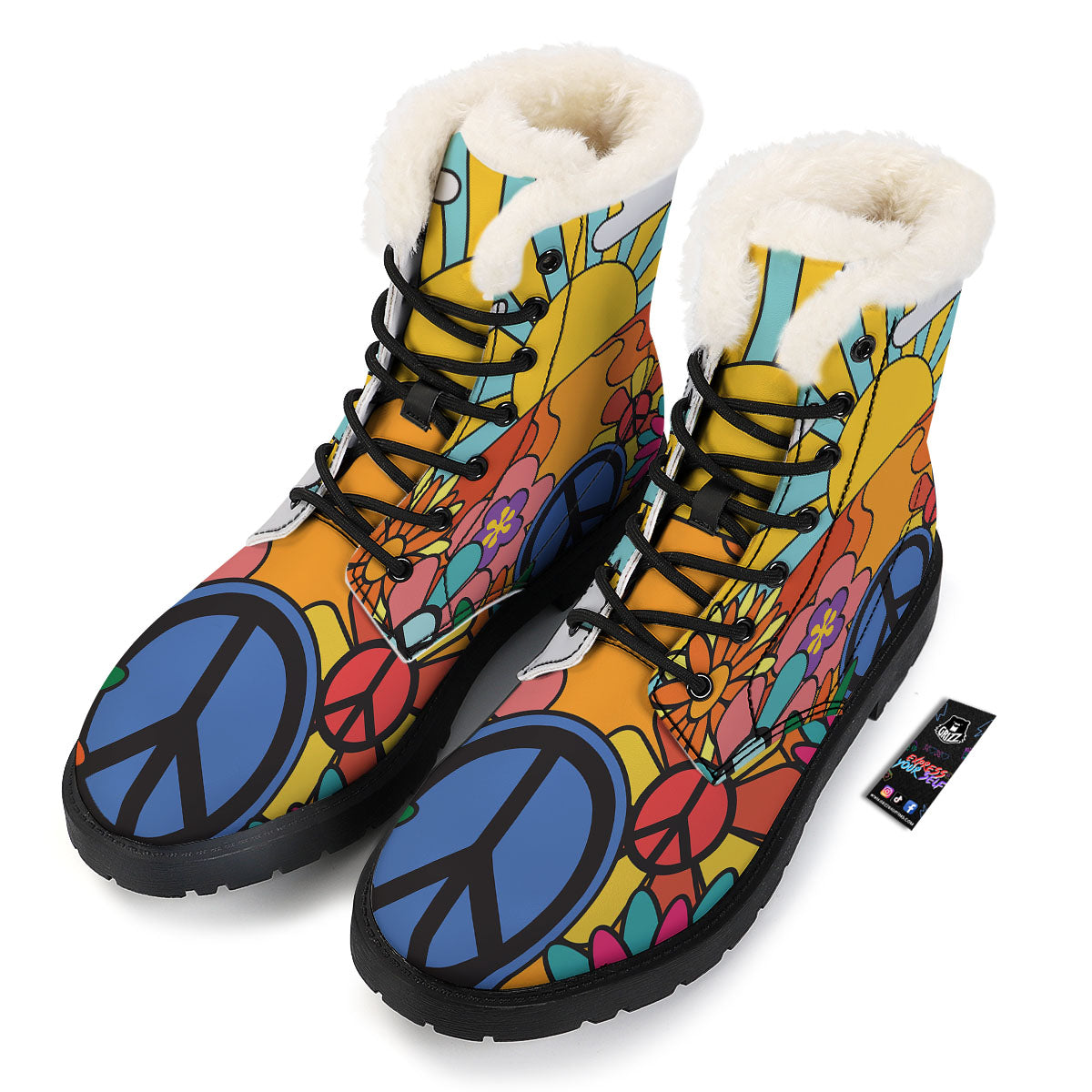 Peace Sign Hippie Flower Print Winter Boots-grizzshop