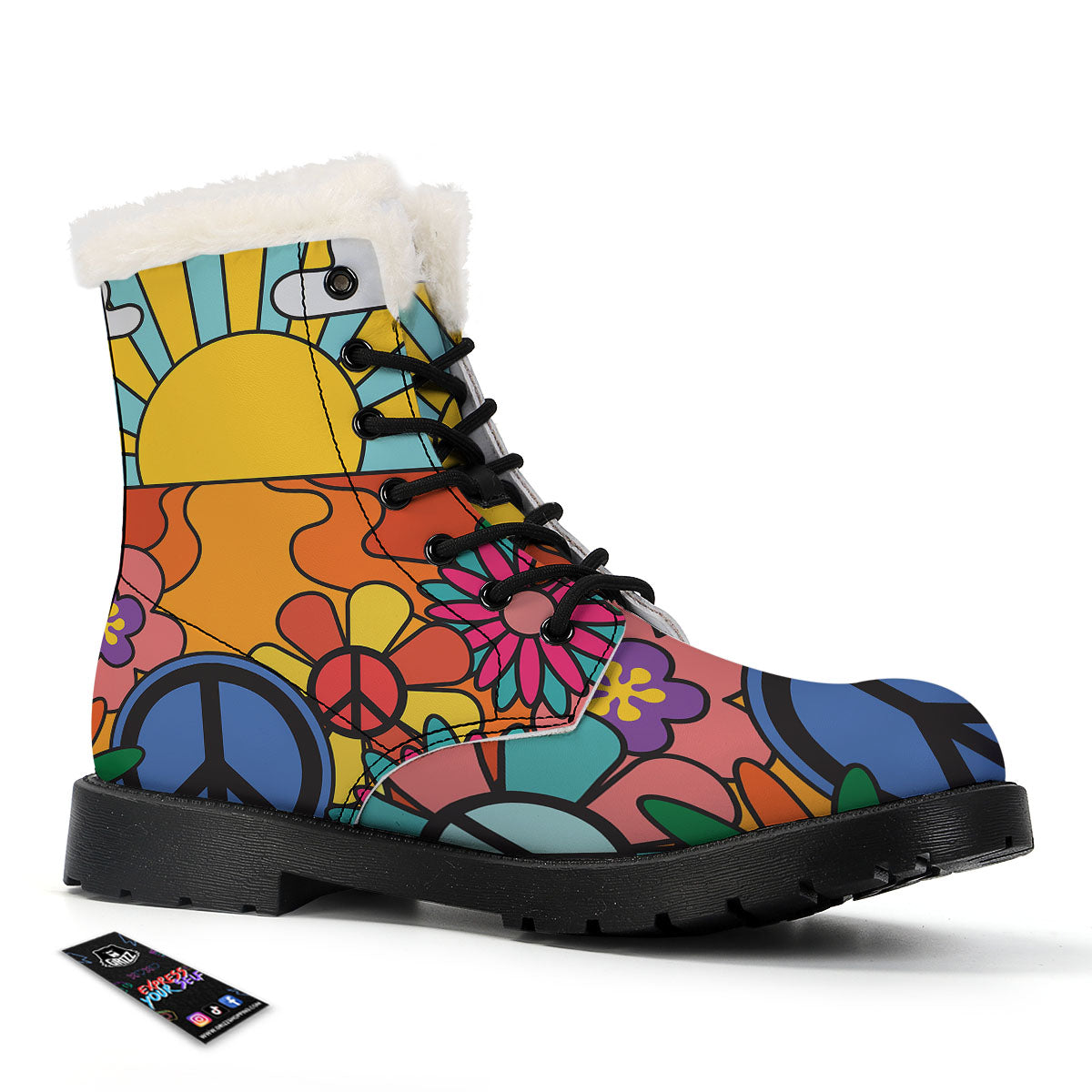 Peace Sign Hippie Flower Print Winter Boots-grizzshop
