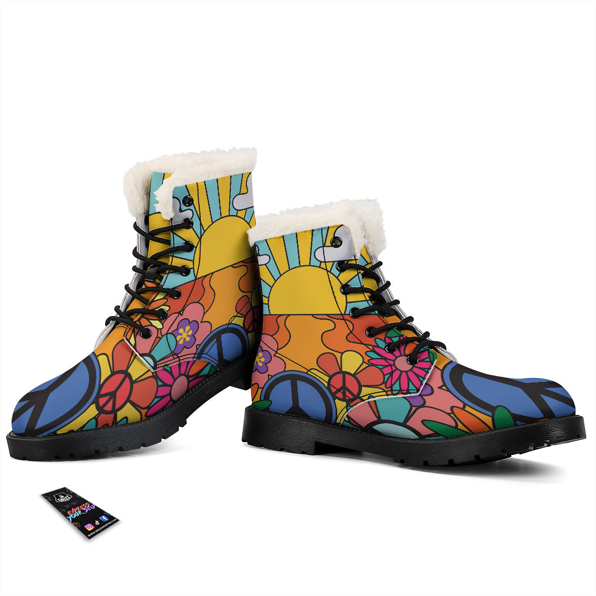 Peace Sign Hippie Flower Print Winter Boots-grizzshop