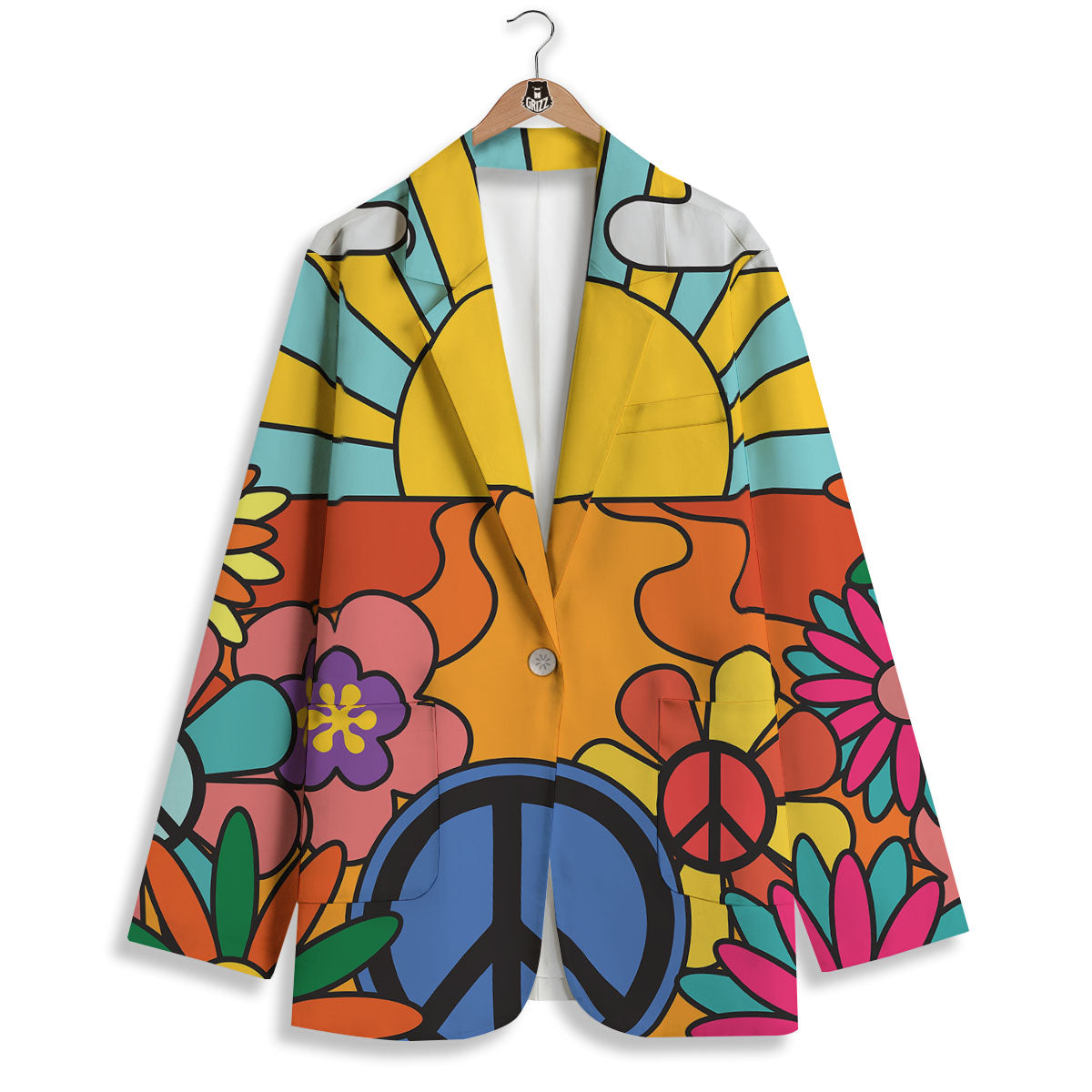 Peace Sign Hippie Flower Print Women's Blazer-grizzshop