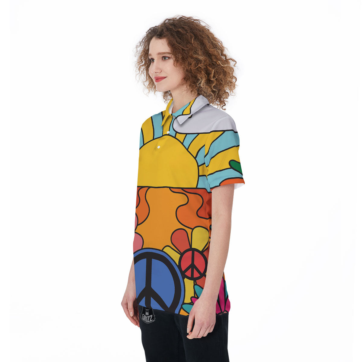 Peace Sign Hippie Flower Print Women's Golf Shirts-grizzshop