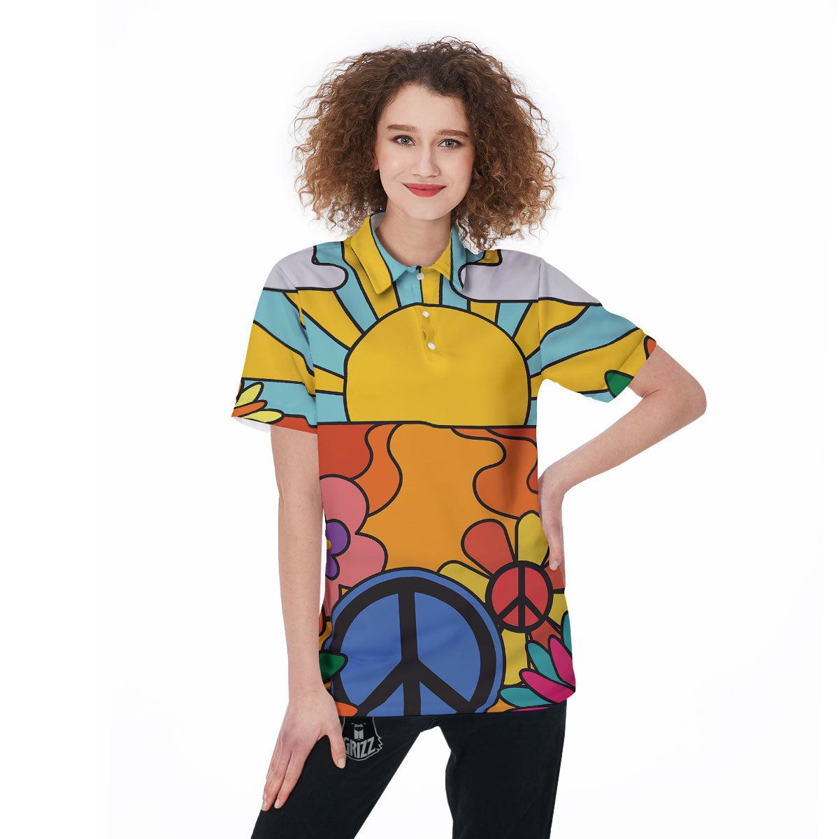 Peace Sign Hippie Flower Print Women's Golf Shirts-grizzshop