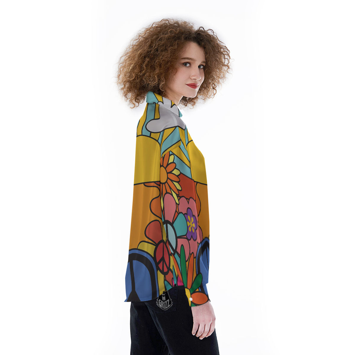Peace Sign Hippie Flower Print Women's Long Sleeve Shirts-grizzshop