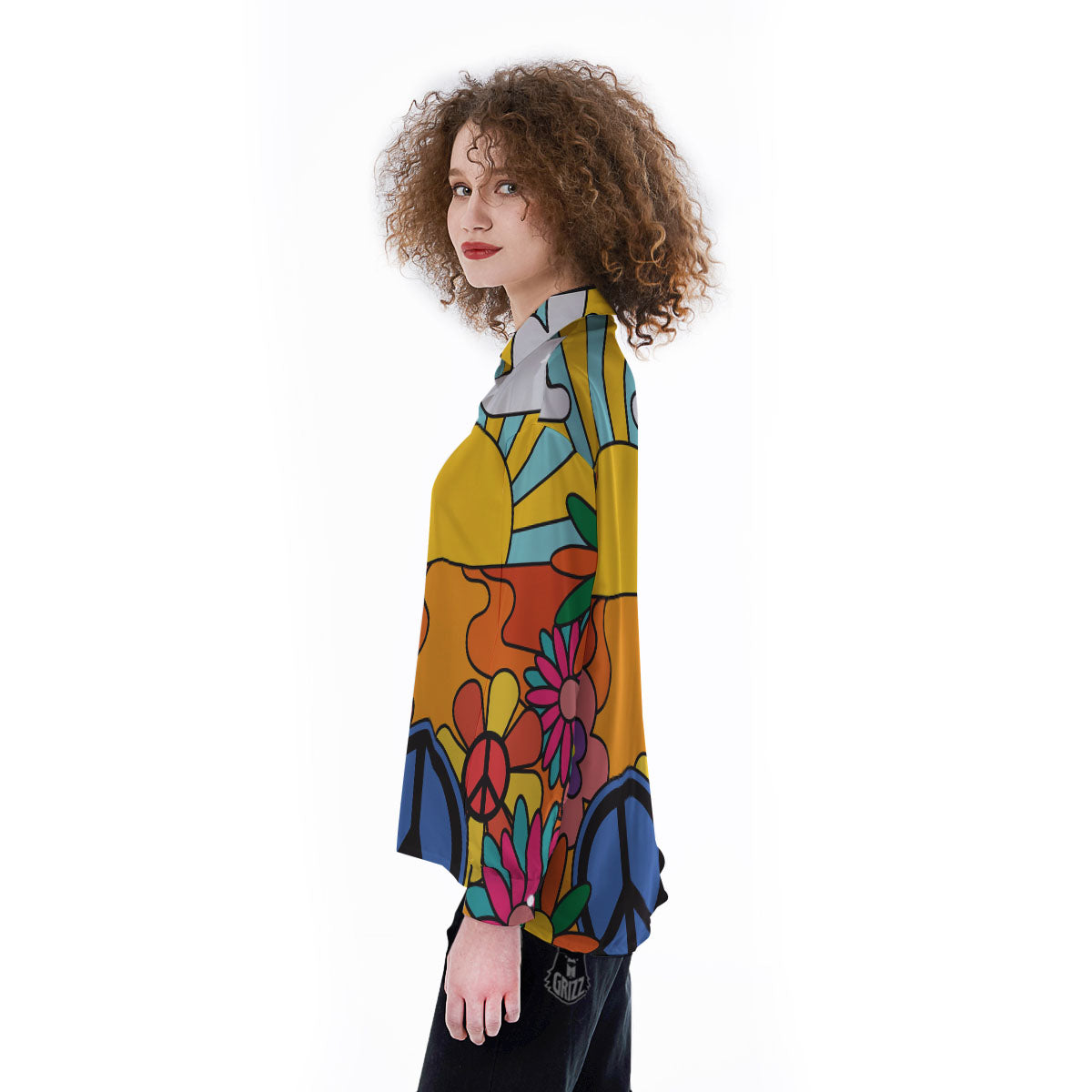 Peace Sign Hippie Flower Print Women's Long Sleeve Shirts-grizzshop