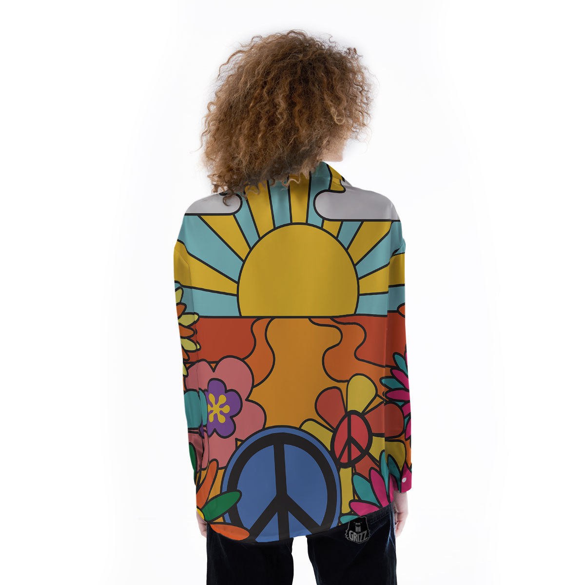 Peace Sign Hippie Flower Print Women's Long Sleeve Shirts-grizzshop