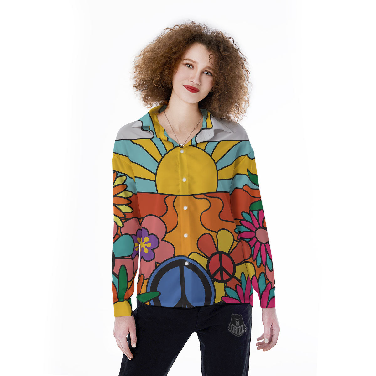 Peace Sign Hippie Flower Print Women's Long Sleeve Shirts-grizzshop