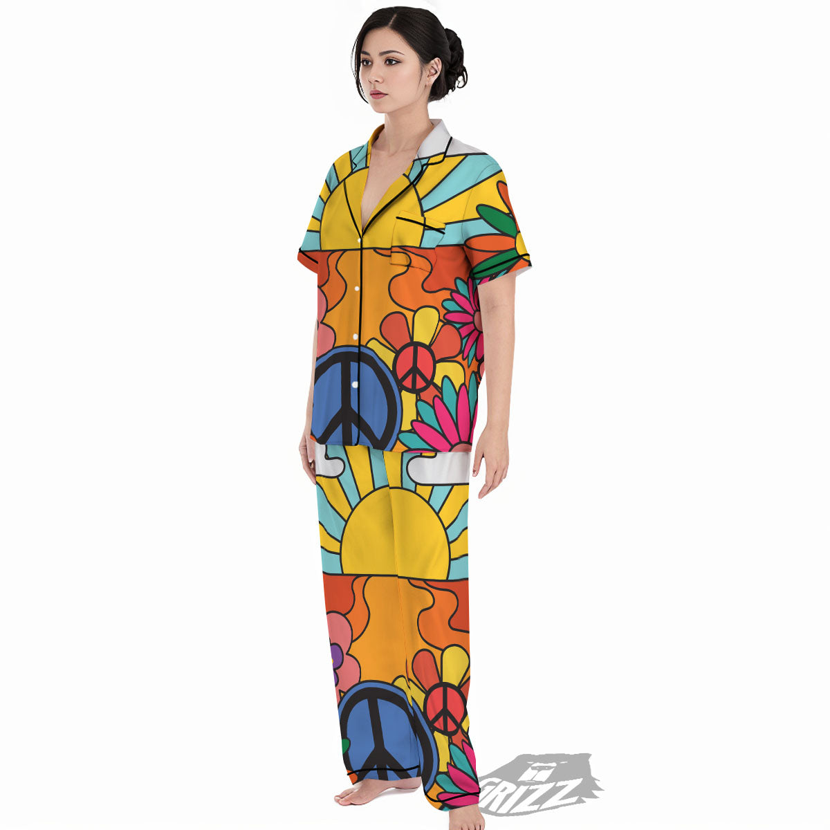 Peace Sign Hippie Flower Print Women's Pajamas Set-grizzshop