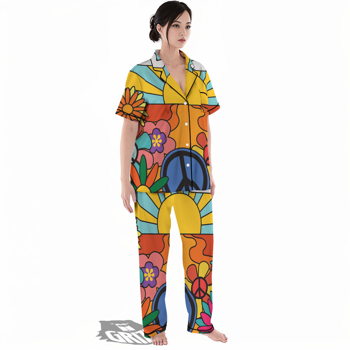 Peace Sign Hippie Flower Print Women's Pajamas Set-grizzshop