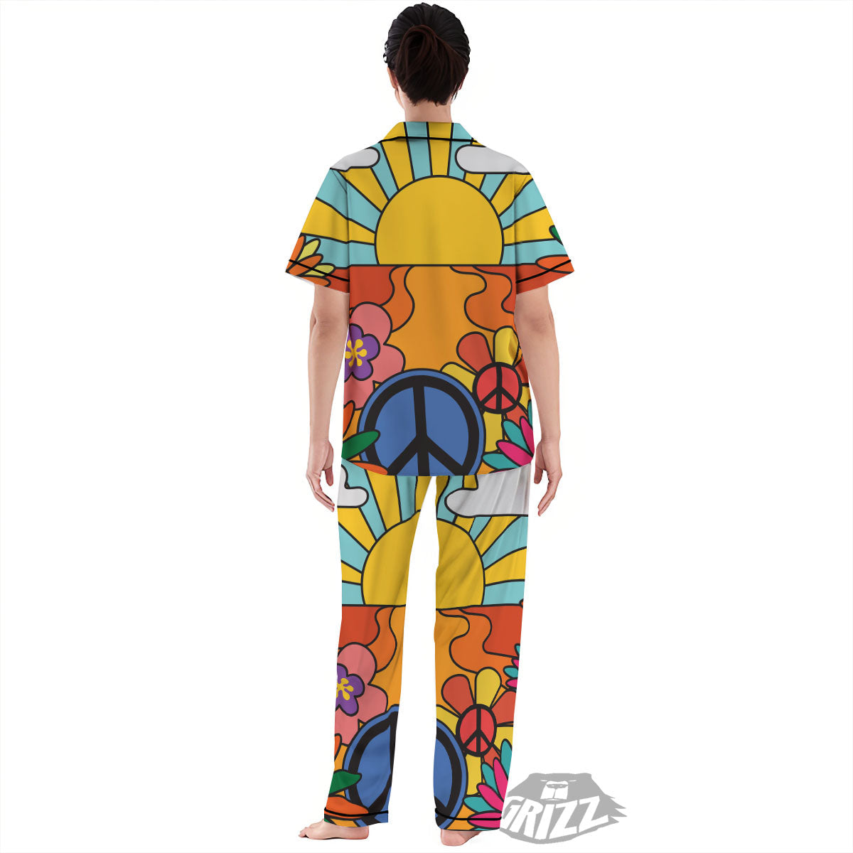 Peace Sign Hippie Flower Print Women's Pajamas Set-grizzshop