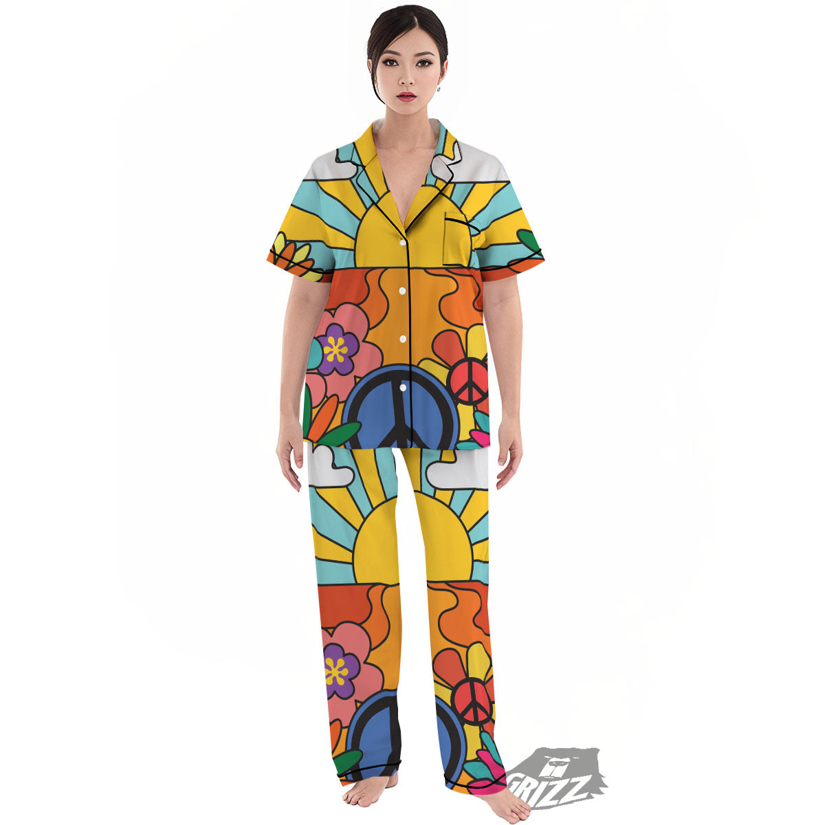 Peace Sign Hippie Flower Print Women's Pajamas Set-grizzshop